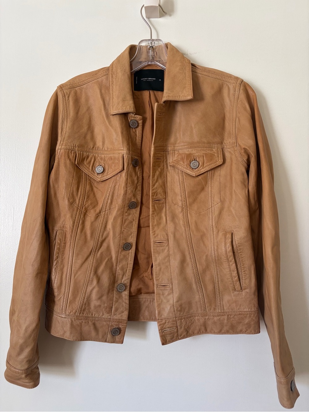 Lucky Brand Tan Lamb Leather Biker Moto Trucker Jacket XS